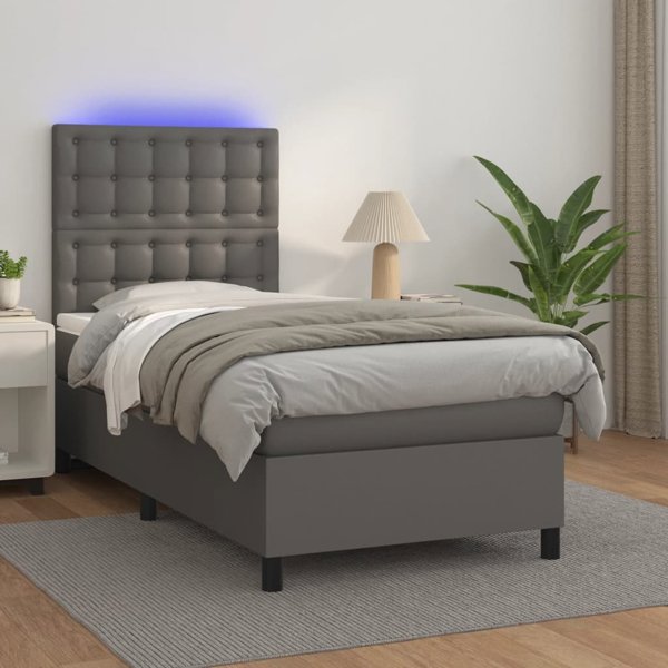 vidaXL Κρεβάτι Κοντινεντάλ με Στρώμα και LED, Γκρι Συνθετικό Δέρμα 90x190 cm