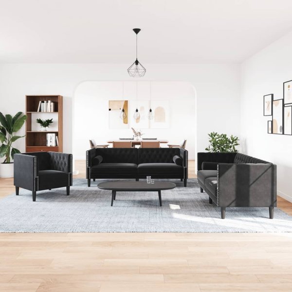 vidaXL Σετ καθιστικού Chesterfield 3 τεμαχίων μαύρο βελούδο