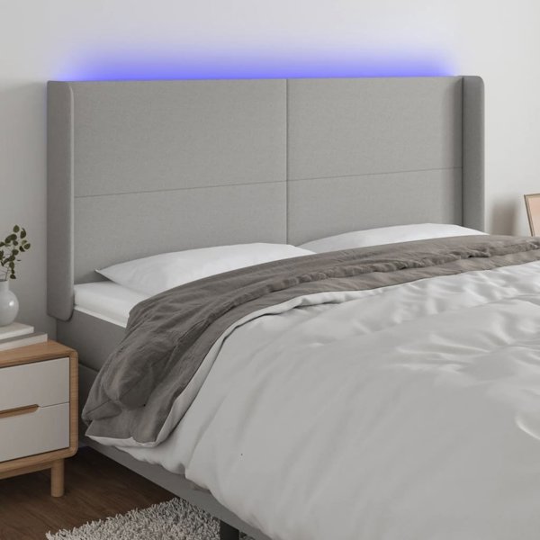 vidaXL Zaglowek do lozkaw z LED, jasnoszary, 183x16x118/128 cm, tkanina