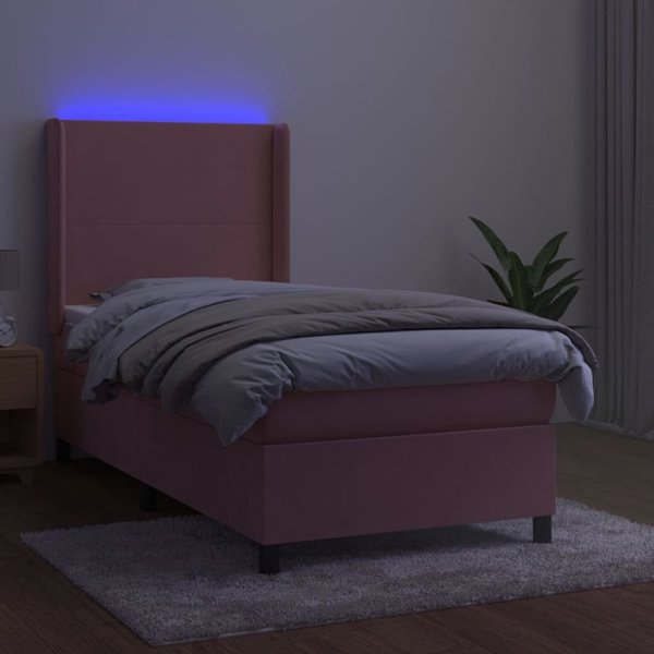 vidaXL Κοντινεντάλ κρεβάτι με στρώμα και LED, ροζ βελούδο 80x200 cm