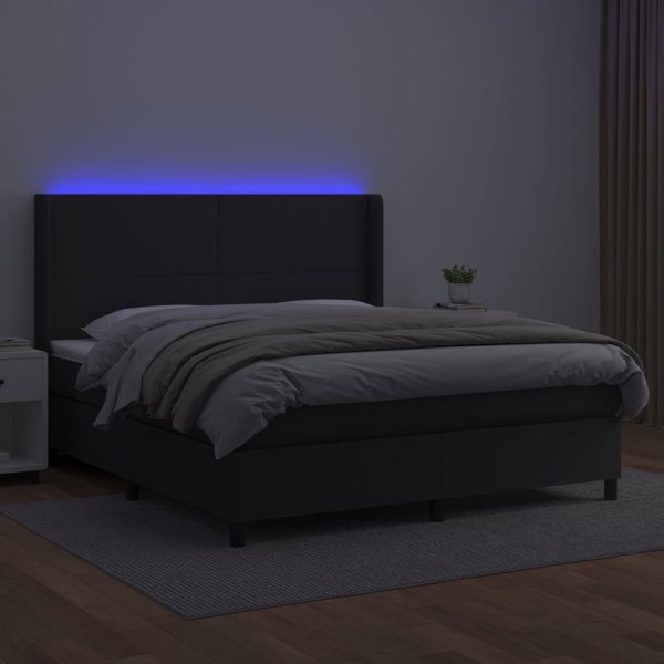 vidaXL Κρεβάτι κοντινεντάλ με στρώμα και LED, μαύρο οικολογικό δέρμα, 160x200cm
