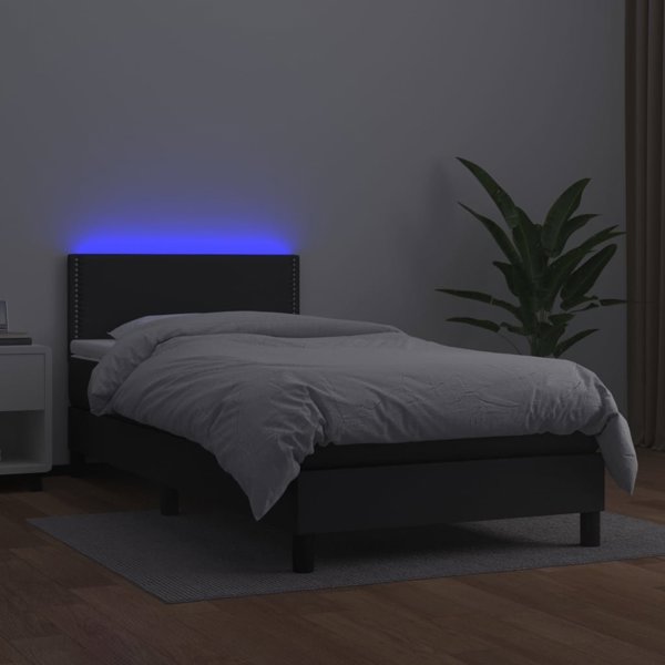 vidaXL Κρεβάτι κοντινεντάλ με στρώμα και LED, μαύρο οικολογικό δέρμα, 100x200 εκ