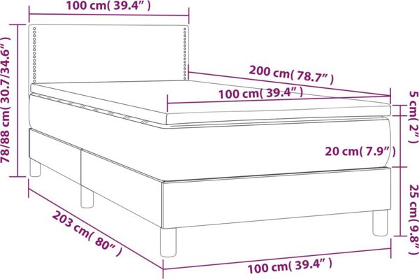 vidaXL Κρεβάτι κοντινεντάλ με στρώμα και LED, μαύρο οικολογικό δέρμα, 100x200 εκ