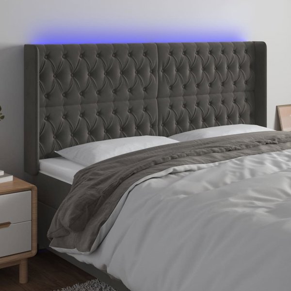 vidaXL Κεφαλάρι κρεβατιού με LED, σκούρο γκρι, 203x16x118/128 εκ., βελούδο