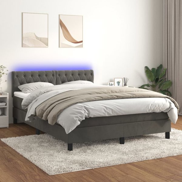 vidaXL Λούτζκο κοντινεντάλ με στρώμα και LED, γκρι βελούδο, 140x200 εκ.