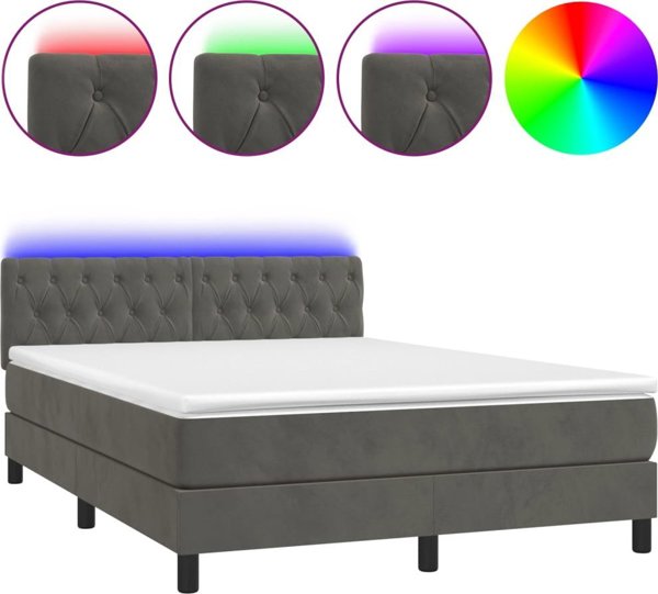 vidaXL Λούτζκο κοντινεντάλ με στρώμα και LED, γκρι βελούδο, 140x200 εκ.