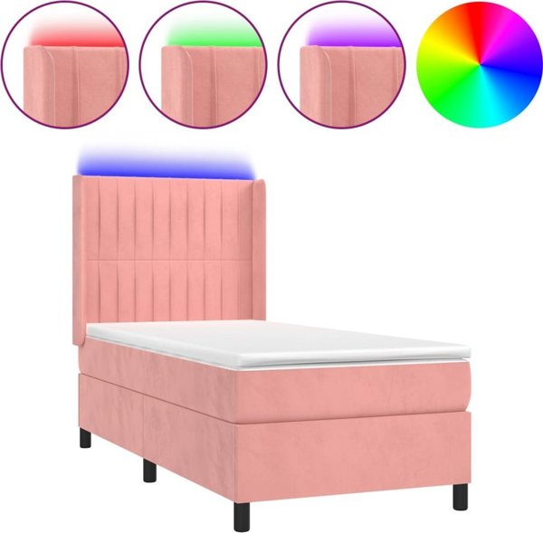 vidaXL Lozko kontynentalne z materacem i LED, rozowy aksamit 90x190 cm