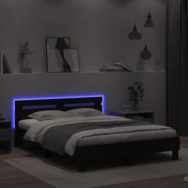 vidaXL Rama κρεβατιού με κεφαλάρι και LED, μαύρο, 140x190 cm