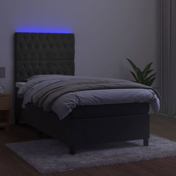 vidaXL Κρεβάτι κοντινένταλ με στρώμα και LED, βελούδο γκρί, 90x200 εκ.