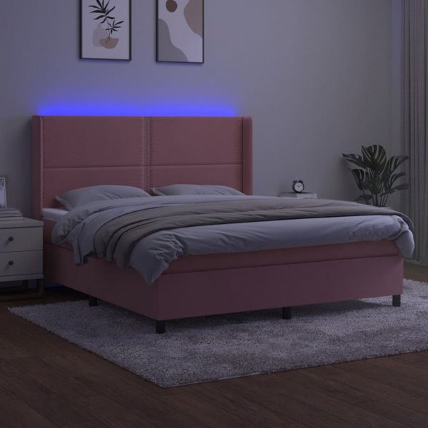 vidaXL Κρεβάτι κοντινένταλ με στρώμα και LED, ροζ βελούδο, 160x200εκ