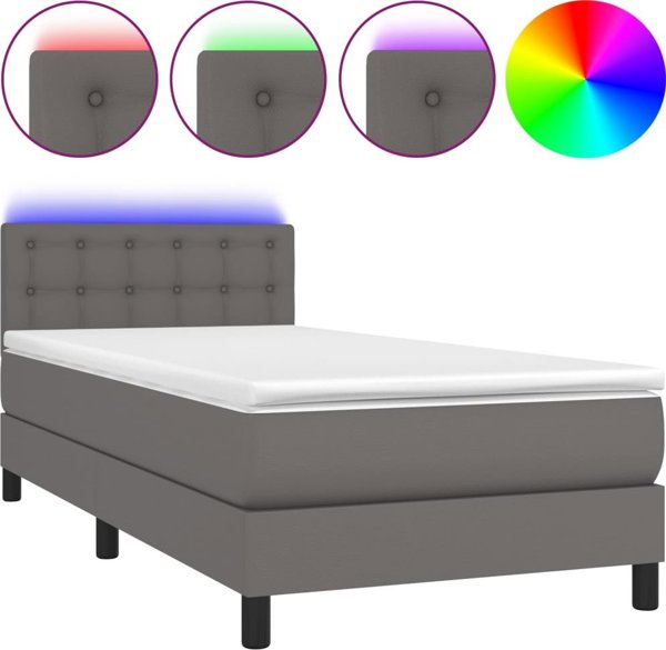 vidaXL Lozko kontynentalne z materacem i LED szara ekoskora 90x190 cm