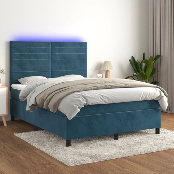 vidaXL Κρεβάτι κοντινεντάλ με στρώμα και LED, μπλε βελούδο 140x190cm