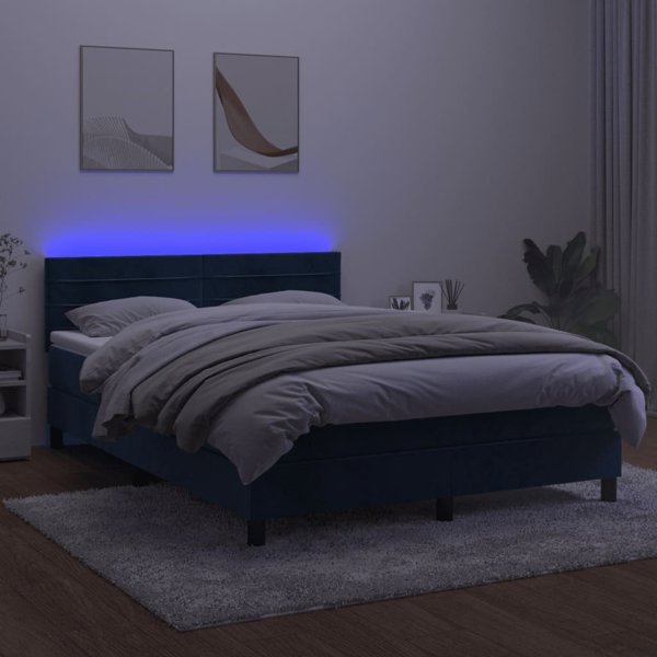 vidaXL Κρεβάτι κοντινεντάλ με στρώμα και LED, μπλε βελούδο 140x200cm