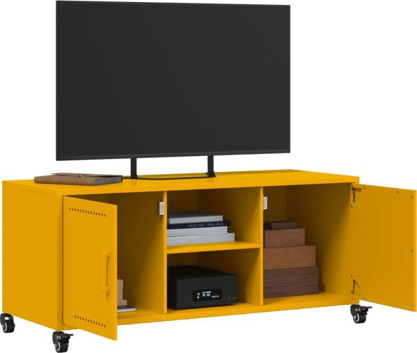 vidaXL Szafka RTV, musztardowa, 100,5x39x43,5 cm, stal