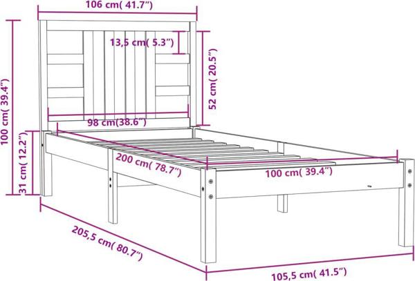 vidaXL Ράμα κρεβατιού, λευκή, μασίφ ξύλο, 100 x 200 cm