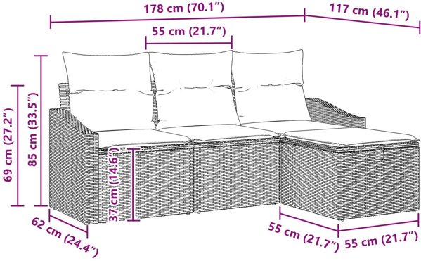vidaXL Zestaw 4-sofowy  z poduszkami jasnoszary polirattan