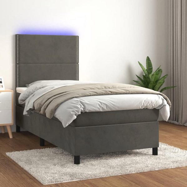 vidaXL Κρεβάτι κοντινεντάλ με στρώμα και LED, γκρι βελούδο 100x200 cm
