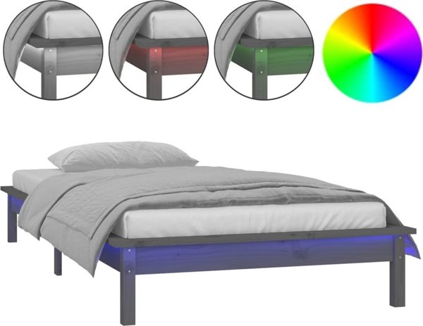 vidaXL Κάδρο κρεβατιού με LED, γκρι, 75x190 cm, μονό, από μασίφ ξύλο