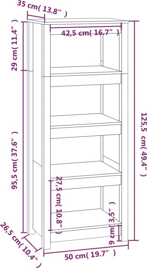 vidaXL Ράφι Βιβλίων, μαύρο, 50x35x125,5 εκ, από μασίφ πεύκο