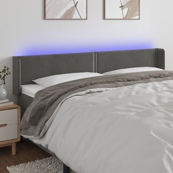 vidaXL Κεφαλάρι κρεβατιού με LED, σκούρο γκρι, 163x16x78/88 εκ, βελούδο