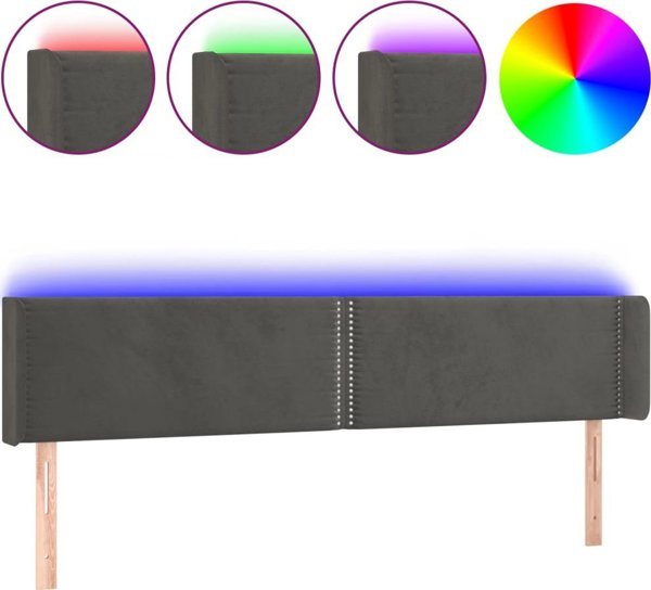 vidaXL Κεφαλάρι κρεβατιού με LED, σκούρο γκρι, 163x16x78/88 εκ, βελούδο