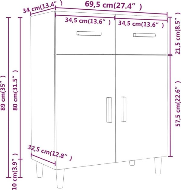 vidaXL Ντουλάπι, λευκό, 69,5x34x89 cm, κατασκευή από ξυλοπαράγωγο υλικό