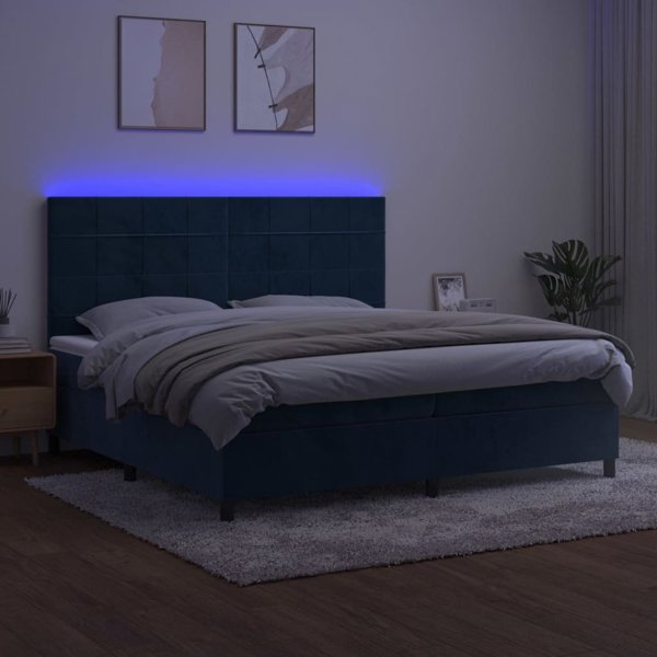 vidaXL Lozko kontynentalne z materacem i oswietleniem LED, niebieski aksamit, 200x200 cm
