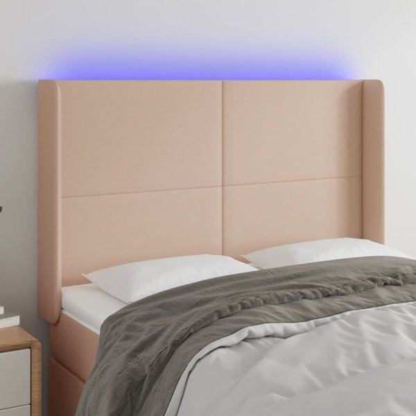 vidaXL Zaglowek do lozka z LED, cappuccino, 147x16x118/128cm, ekoskora