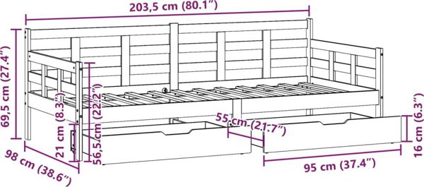 vidaXL Μονόκλινο κρεβάτι ημέρας με συρτάρια, λευκό, 90x200 εκ., πεύκο