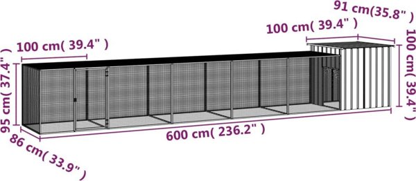 vidaXL Κλουβί για κοτόπουλα, ανθρακί, 600x91x100 cm, γαλβανισμένο ατσάλι