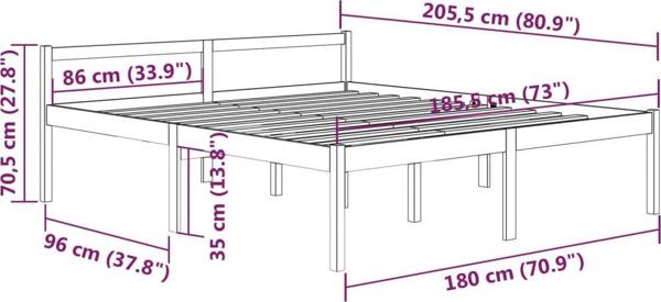 vidaXL Σκελετός κρεβατιού, μασίφ πεύκο, 180x200 εκ., 6FT Super King