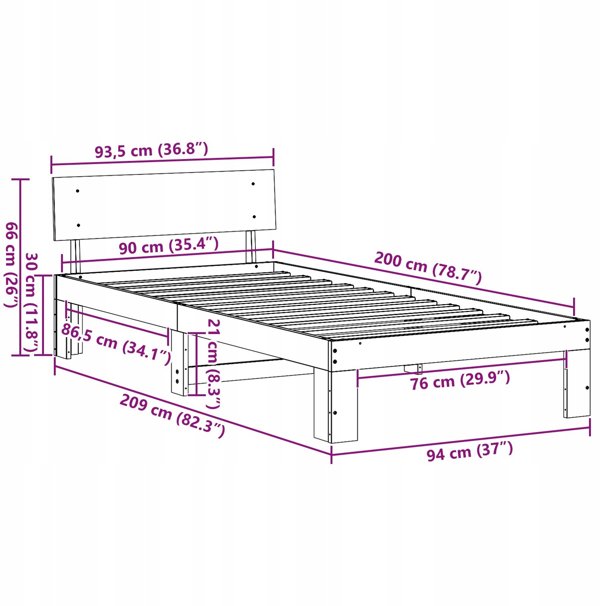 vidaXL Πλαίσιο Κρεβατιού 90x200 εκ. από Μασίφ Ξύλο Πεύκου, Φυσικό Χρώμα