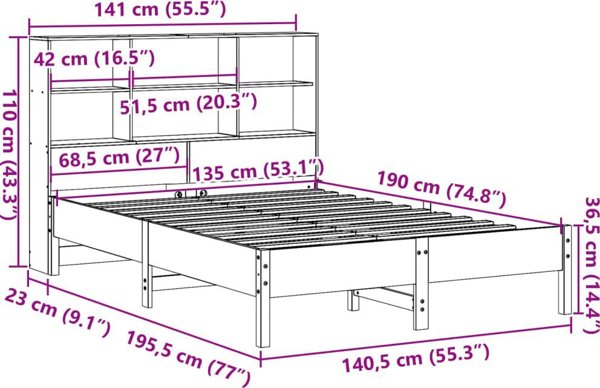 vidaXL Κρεβάτι με ράφι, χωρίς στρώμα, 135x190 cm, ξύλο πεύκου