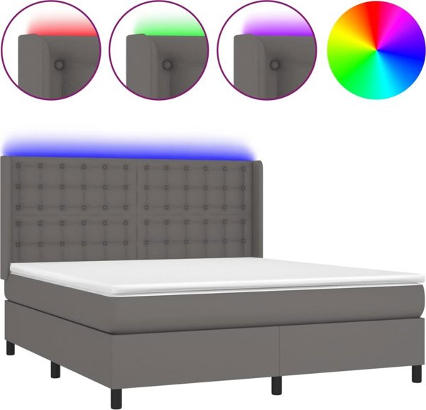 vidaXL κοντινενταλ κρεβάτι με στρώμα και LED, γκρι οικοδερμάτινο, 180x200 cm