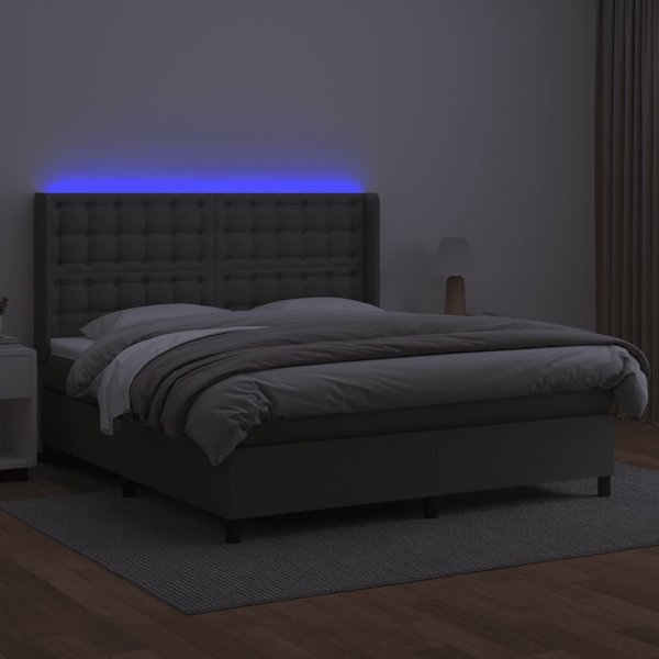 vidaXL κοντινενταλ κρεβάτι με στρώμα και LED, γκρι οικοδερμάτινο, 180x200 cm