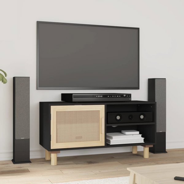 vidaXL vidaXL Stolik pod TV, czarny, 80x30x40 cm, drewno sosnowe i rattan