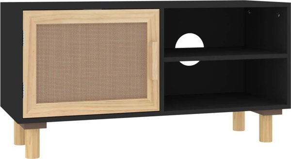 vidaXL vidaXL Stolik pod TV, czarny, 80x30x40 cm, drewno sosnowe i rattan