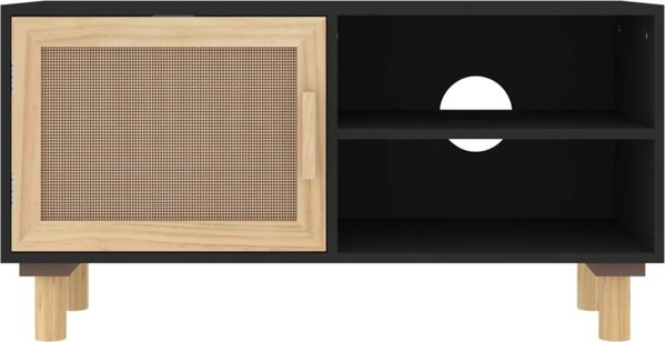 vidaXL vidaXL Stolik pod TV, czarny, 80x30x40 cm, drewno sosnowe i rattan