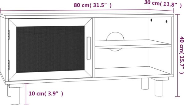 vidaXL vidaXL Stolik pod TV, czarny, 80x30x40 cm, drewno sosnowe i rattan