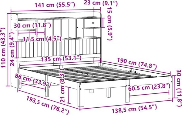vidaXL Κρεβάτι με ράφι λευκό χωρίς στρώμα 135x190 cm ξύλο πεύκου