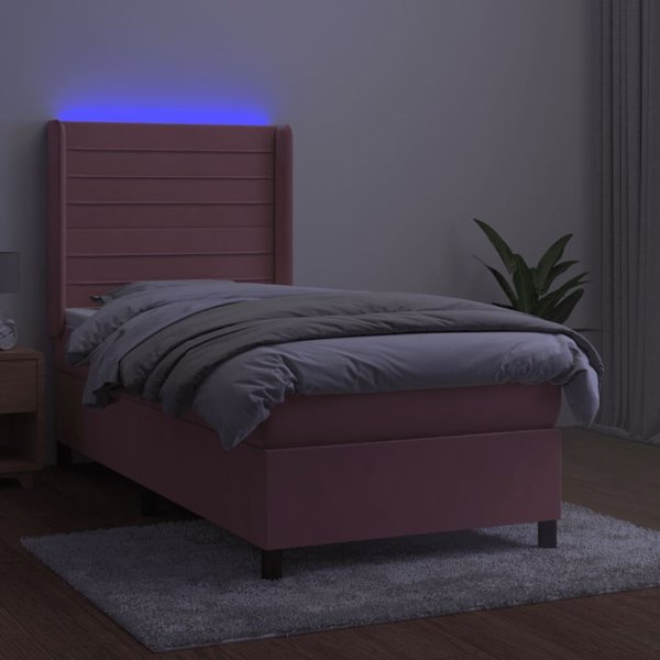 vidaXL Κρεβάτι κοντινένταλ με στρώμα και LED, ροζ βελούδο, 90x190 cm