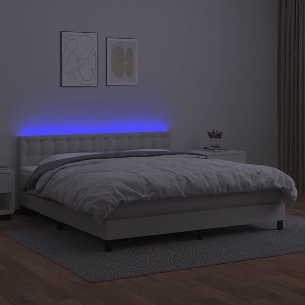 vidaXL Lozko kontynentalne z materacem i LED, biala ekoskora 180x200 cm