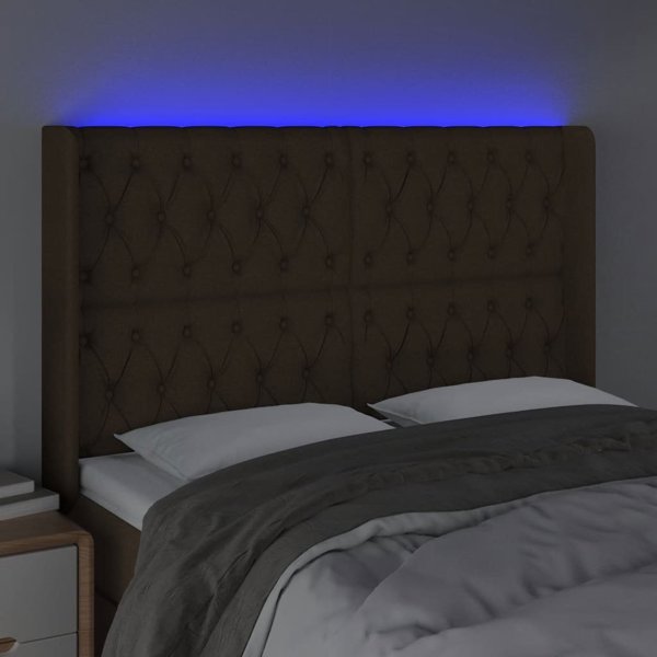 vidaXL Zaglowek do lozka z LED ciemnobrazowy 147x16x118/128 cm tkanina