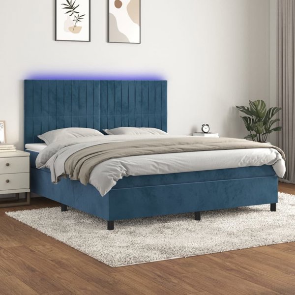 vidaXL Κρεβάτι κοντινεντάλ με στρώμα και LED, μπλε βελούδο 160x200cm