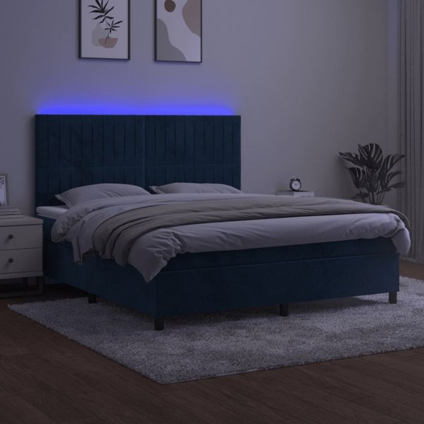 vidaXL Κρεβάτι κοντινεντάλ με στρώμα και LED, μπλε βελούδο 160x200cm