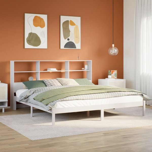 vidaXL Κρεβάτι με ραφιέρα 180x200 εκ. λευκό από πεύκο χωρίς στρώμα