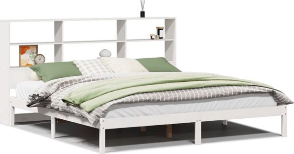 vidaXL Κρεβάτι με ραφιέρα 180x200 εκ. λευκό από πεύκο χωρίς στρώμα