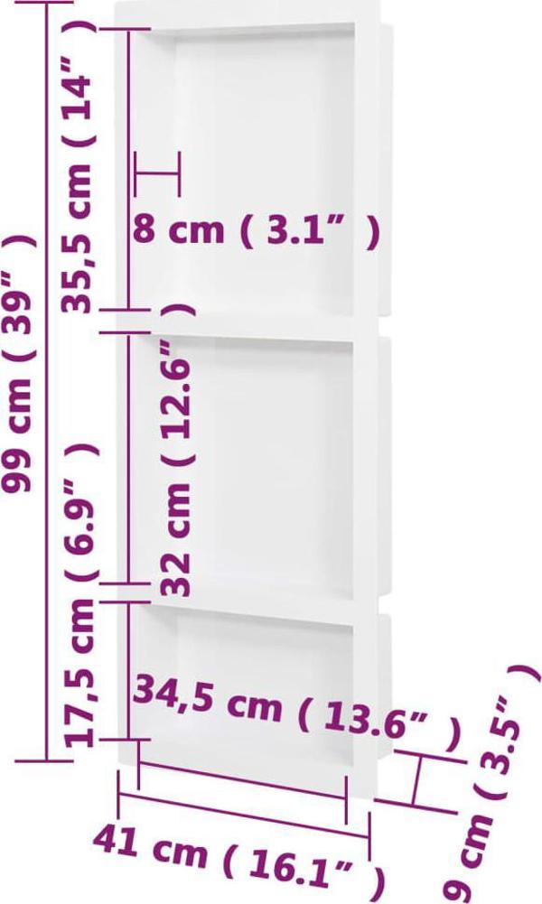 vidaXL Εσοχή ντουζιέρας με 3 ράφια, ματ λευκό, 41x99x9 cm
