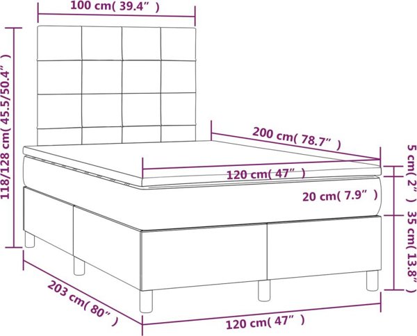 vidaXL Κρεβάτι Κοντινεντάλ με Στρώμα, Καφέ, 120x200 cm, Ύφασμα