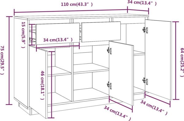 vidaXL Szafka, λευκή, 110x34x75 cm, μασίφ πεύκο